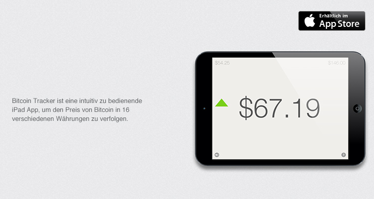 Bitcoin Tracker ist eine intuitiv zu bedienende iPad App, um den Preis von Bitcoin in 16 verschiedenen Währungen zu verfolgen.